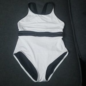 2/$25 Beach House White W/ Black Striped Mesh Inlay One Piece Racerback Swim SzL